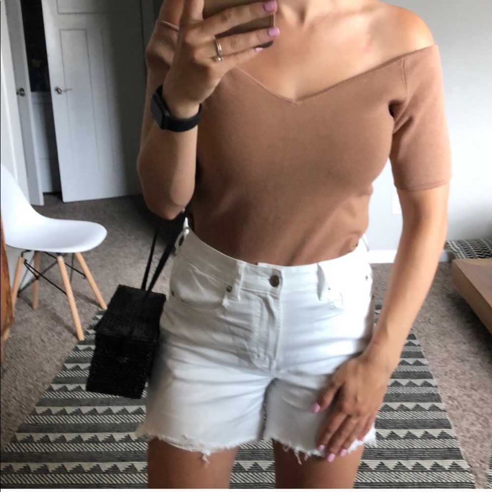 Off the shoulder tan brown top shirt knitted thick